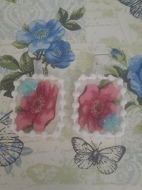 Handmade Floral Ribbon Hoop Earrings - Red, Green, White